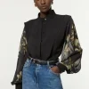 Petite Crinkle Balloon Sleeve High Neck Woven Shirt