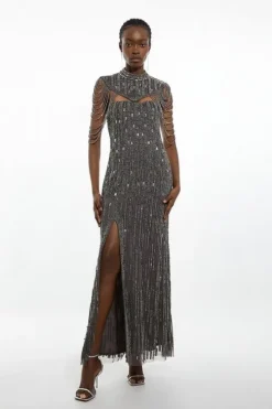 Petite Crystal Embellished Detachable Cape Maxi Dress