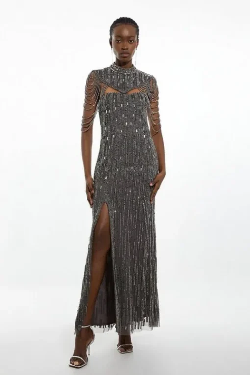 Petite Crystal Embellished Detachable Cape Maxi Dress
