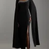Petite Crystal Embellished Viscose Crepe Woven Cape Maxi Dress