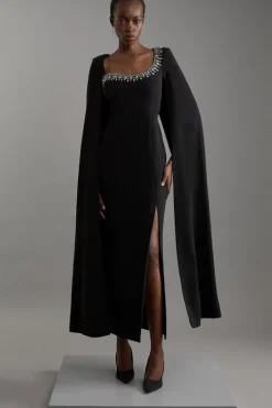 Petite Crystal Embellished Viscose Crepe Woven Cape Maxi Dress