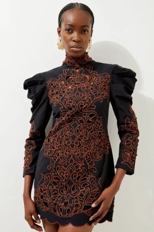 Petite Cutwork Cotton Woven Drama Sleeve Dress