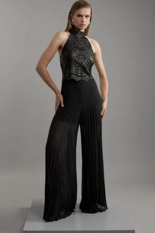 Petite Cutwork Halter Neck Pleated Wide Leg Jumpsuit