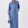 Petite Denim Long Sleeve Midi Shirt Dress