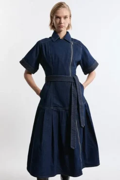 Petite Denim Pleated Hem Biker Dress