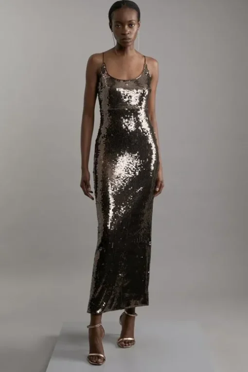 Petite Disc Sequin Strappy Woven Midi Dress