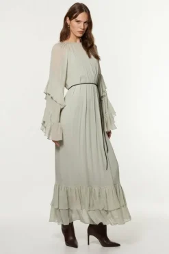 Petite Drama Kimono Viscose Georgette Woven Maxi Dress With PU Belt