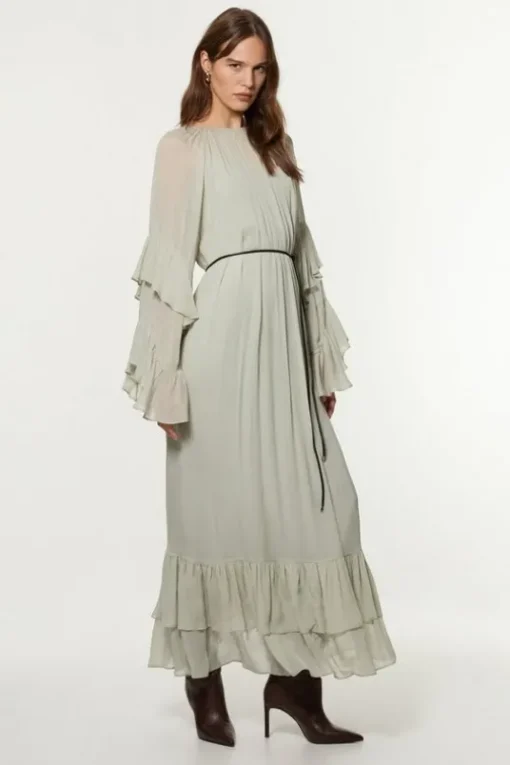 Petite Drama Kimono Viscose Georgette Woven Maxi Dress With PU Belt