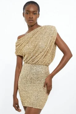 Petite Draped One Shoulder Jersey Stretch Sequin Mini Dress