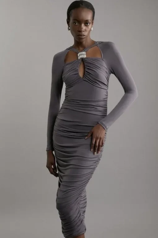 Petite Drapey Crape Crystal Embellished Maxi Dress