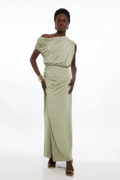 Petite Drapey Slinky Jersey Off The Shoulder Maxi Dress