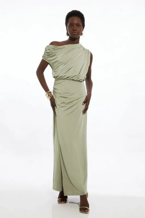 Petite Drapey Slinky Jersey Off The Shoulder Maxi Dress