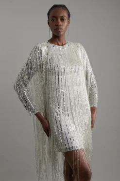 Petite Embellished And Beaded Tassel Woven Mini Dress