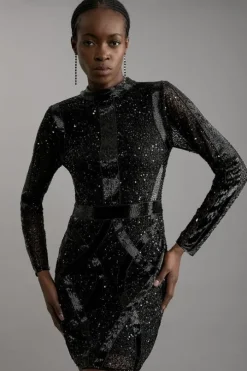 Petite Embellished Beaded High Neck Woven Mini Dress