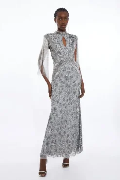 Petite Embellished Beaded Cap Sleeve Woven Maxi Dress