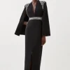 Petite Embellished Caddy Plunge Cape Sleeve Woven Midi Dress