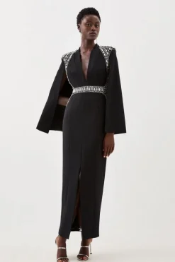 Petite Embellished Caddy Plunge Cape Sleeve Woven Midi Dress