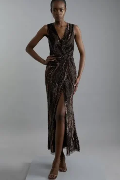 Petite Embellished Plunge Beaded Woven Maxi Dress