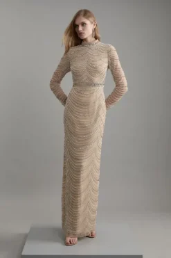 Petite Embellished Woven Long Sleeved Maxi Dress
