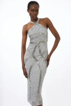 Petite Embellished Woven Halter Midi Dress