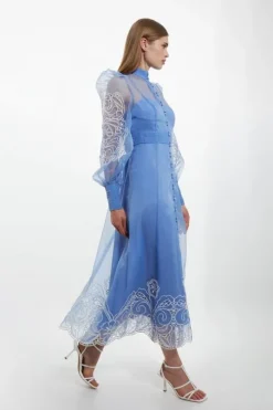 Petite Embroidered Floral Woven Button Up Maxi Dress