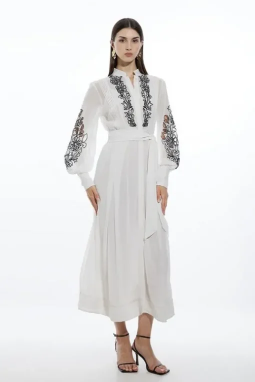 Petite Embroidery Bib Detail Woven Maxi Dress