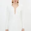 Petite Figure Form Bandage Plunge Neck Knit Mini Dress