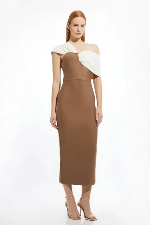 Petite Figure Form Bandage Asymmetric Strap Midi Dress