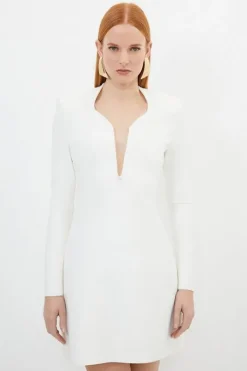 Petite Figure Form Bandage Plunge Neck Knit Mini Dress