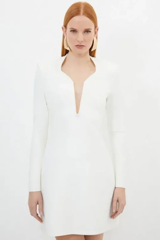 Petite Figure Form Bandage Plunge Neck Knit Mini Dress