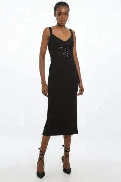 Petite Figure Form Corset Detail Woven Strappy Midi Dress