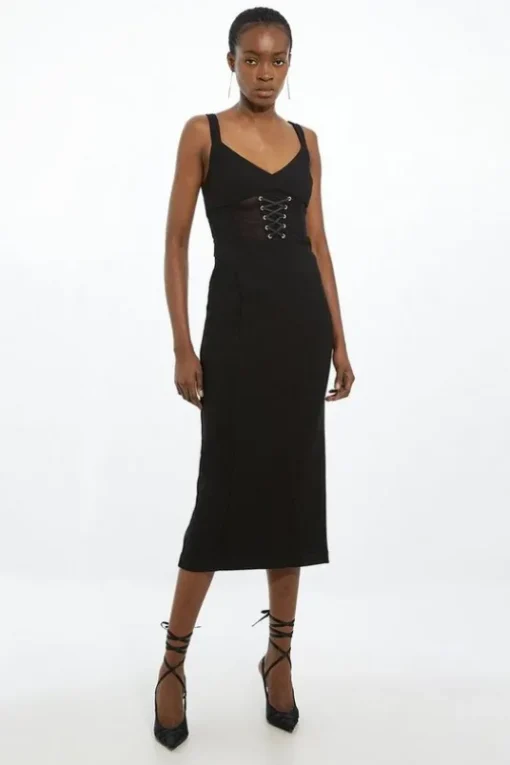 Petite Figure Form Corset Detail Woven Strappy Midi Dress