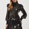 Petite Floral Applique Lace Pleated Woven Mini Dress