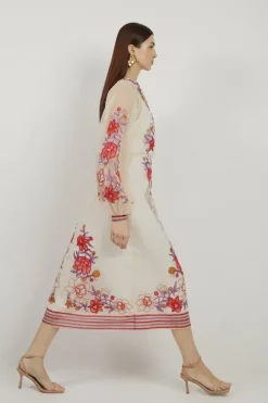 Petite Floral Embroidery Organdie Woven Midi Dress
