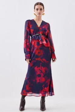 Petite Floral Printed Georgette Belted Woven Maxi Dress