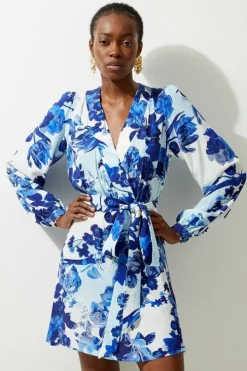 Petite Floral Printed Morocain Woven Wrap Mini Dress