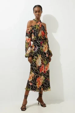 Petite Floral Printed Viscose Metallic Thread Beaded Cross Neck Woven Midi Dress