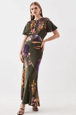 Petite Floral Satin Woven Crepe Maxi Dress