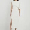 Petite Fluid Tailored Asymmetric Sleeve Midi Dress