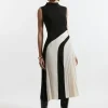 Petite Fluid Tailored Color Block High Neck Pleated Midi Dress