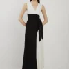 Petite Fluid Tailored Color Block Side Pleated Midi Dress