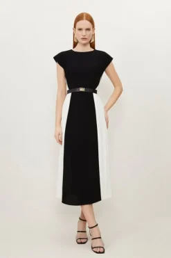 Petite Fluid Tailored Contrast Pleated Panel Skirt Midi Dress