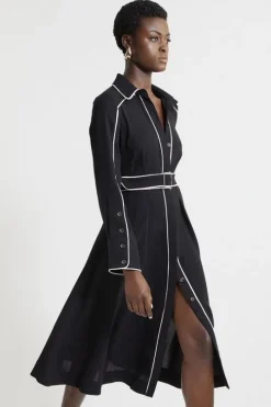 Petite Fluid Tailored Tipped Belt Detailed Midi Shirt Dress