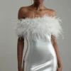 Petite Foiled Figure Form Bandage Knit Feather Off The Shoulder Mini Dress