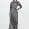 Petite Geo Printed Morocain Woven Crew Neck Midaxi Dress