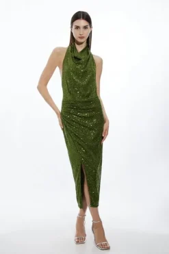 Petite Halterneck Sequin Jersey Side Split Maxi Dress