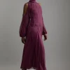 Petite High Neck Embellished Ruched Georgette Woven Maxi Dress
