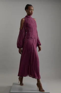Petite High Neck Embellished Ruched Georgette Woven Maxi Dress