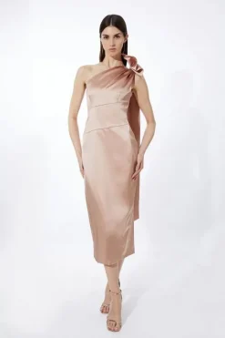 Petite Italian Satin Drape Shoulder Tailored Midi Dress