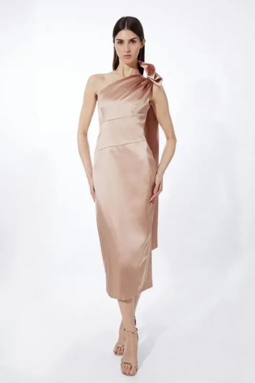 Petite Italian Satin Drape Shoulder Tailored Midi Dress